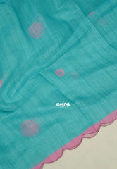 Aqua Blue with Scallop - Pragathi - Linen Cotton Saree with Buttas Scallop Border Contrast Pallu and Blouse - Best for Office Wear | Casual Wear