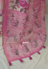 Rose Pink - Pragathi - Linen Cotton Partly Pallu Saree with Floral Prints and Contrast Blouse - Best for Office Wear | Casual Wear