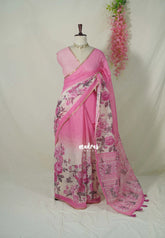 Rose Pink - Pragathi - Linen Cotton Partly Pallu Saree with Floral Prints and Contrast Blouse - Best for Office Wear | Casual Wear