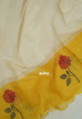 Creamy Ivory with Scallop - Pragathi - Linen Cotton Saree Plain with Flower Printed Scallop Border - Perfect for Office Wear | Summer wear | Casual Wear