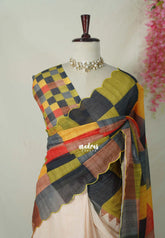 Sandal Beige with Multicolor Checks and Scallop - Pragathi - Linen Cotton Saree Half and Half Pattern with Box Prints Scallop Border - Perfect for Office Wear | Summer wear | Casual Wear