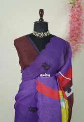 Lavender Purple with Scallop - Pragathi - Linen Cotton Saree with Floral Print Scallop Border and Contrast Blouse - Perfect for Office Wear | Summer wear | Casual Wear