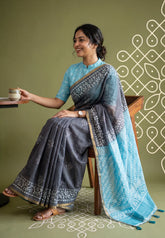 Cool Grey - Linen Cotton Saree with Contrast Pallu and Blouse - Best for Office Wear | Casual Wear