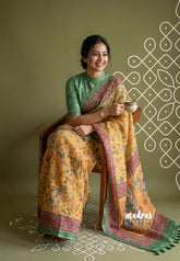 Mild Orangish Yellow - Pragathi - Linen Cotton Saree with Kalamkari Prints - Best for Office Wear | Casual Wear
