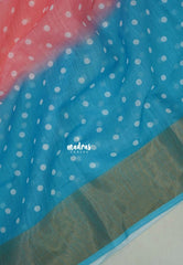 Peach Pink with Sky Blue - Linen Cotton Saree Dual Color Tone wiht Polka Dots and Tissue Border - Perfect for Office Wear | Summer wear | Casual Wear
