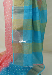 Peach Pink with Sky Blue - Linen Cotton Saree Dual Color Tone wiht Polka Dots and Tissue Border - Perfect for Office Wear | Summer wear | Casual Wear