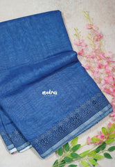 Muted Indigo Blue with Heavy Lace - Linen Cotton Saree with Heavy Lace Embroidery - Perfect for Office Wear | Summer wear | Casual Wear
