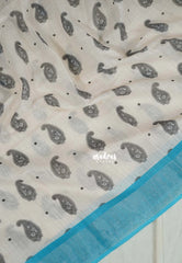 Creamy Beige - Pragathi - Linen Cotton Saree Mango Motif Prints Contrast Border and Blouse - Perfect for Office Wear | Casual Wear