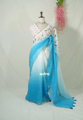 Sky Blue Ombre with White Base - Pragathi Linen Cotton Saree with Gradient Ombre tone and Floral Digital Prints - Perfect for Office Wear | Summer wear | Casual Wear