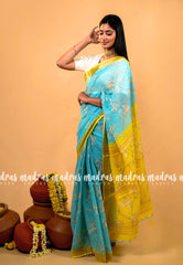 (PRE-BOOKING) Losliya Inspired Soft Linen Cotton Saree with Aqua Blue & Floral Prints