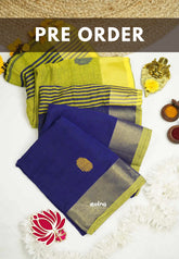 (PRE-BOOKING) Kannamma Handwoven Ballbutta linen Blue with yellow pallu