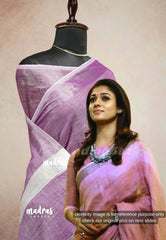Nayanthara purple - Handwoven Natural Linen Saree with white grooves