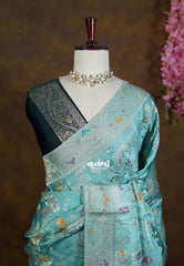 Muted Teal Green - Sowbhagya – Precision Weaving Pure Mulberry Silk with Contrast Blouse - Perfect for Functions