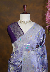 Muted Lavender - Sowbhagya – Precision Weaving Pure Mulberry Silk with Contrast Blouse - Perfect for Functions