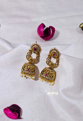 Premium 1 Gram Gold polish AD Stone Trendy Antique Temple Jhumka Earrings