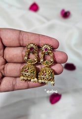 Premium 1 Gram Gold polish AD Stone Trendy Antique Temple Jhumka Earrings