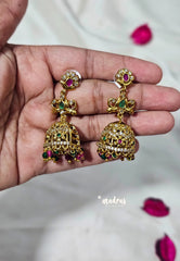 Premium 1 Gram Gold polish AD Stone Trendy Antique Temple Jhumka Earrings