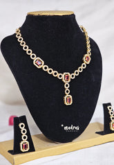 Premium 1 Gram Gold polish AD Stone Trendy Circle and Square Designer Ruby Necklace with Earrings