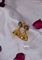 Premium 1 Gram Gold polish AD Stone Trendy Peacock Ruby and Green Jhumka Earrings