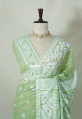Celdon Green - Thilothama - Premium Lightweight Coton Silk Dhakai Jamdani Weaving - Perfect for Evening Functions | Hightea Party