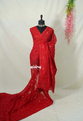 Cherry Red - Thilothama - Premium Lightweight Coton Silk Dhakai Jamdani Weaving - Perfect for Evening Functions | Hightea Party