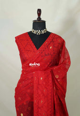Cherry Red - Thilothama - Premium Lightweight Coton Silk Dhakai Jamdani Weaving - Perfect for Evening Functions | Hightea Party