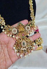 Premium 1 Gram Gold polish AD Stone Trendy Lakshmi Pendant Bridal long Necklace with Earrings