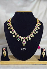 Premium 1 Gram Gold polish AD Stone Trendy Ruby and Green Necklace with Earrings