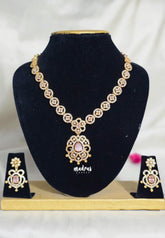 Premium 1 Gram Gold polish AD Stone Trendy Baby Pink Stone Necklace with Earrings