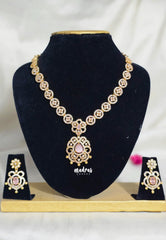 Premium 1 Gram Gold polish AD Stone Trendy Baby Pink Stone Necklace with Earrings