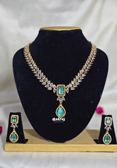 Premium 1 Gram Gold polish AD Stone Trendy Light Green Stone Necklace with Earrings