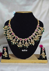 Premium 1 Gram Gold polish AD Stone Trendy Rich Guttapusalu Bridal Necklace with Earrings