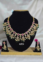 Premium 1 Gram Gold polish AD Stone Trendy Rich Guttapusalu Bridal Necklace with Earrings