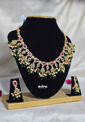 Premium 1 Gram Gold polish AD Stone Trendy Rich Guttapusalu Bridal Necklace with Earrings