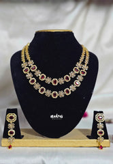 Premium 1 Gram Gold polish AD Stone Trendy double layer Ruby Stone Necklace with Earrings