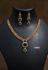 Premium 1 Gram Gold polish AD Stone Trendy Emerald and Leaf Pattern Necklace with Earrings