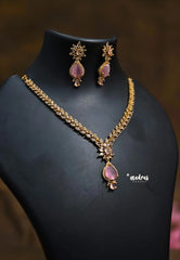 Premium 1 Gram Gold polish AD Stone trendy Light Pink pendant Necklace with Earrings