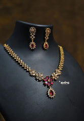 Premium 1 Gram Gold polish AD Stone Trendy Ruby Flower pendant Necklace with Earrings