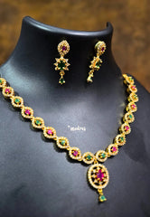 Premium 1 Gram Gold polish AD Stone trendy Ruby and Green Necklace with earrings