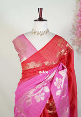 Ruby Red & Pink - Premium Jute Silk with Gradient Tone And Floral Jamdani Weaving - Perfect for Night Functions | Tea party