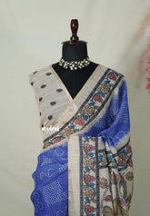 Cobalt Blue - Premium Linen Cotton with Jute Blend Saree with Bhandani Prints - Best for Office Wear | Casual Wear