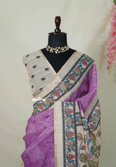 Lilac Pink - Premium Linen Cotton with Jute Blend Saree with Bhandani Prints - Best for Office Wear | Casual Wear