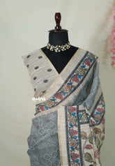 Dove Grey - Premium Linen Cotton with Jute Blend Saree with Bhandani Prints - Best for Office Wear | Casual Wear