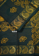 Midnight Emerald Green - Premium 120 count Margazhi Sungudi Checks and batik muppagam Mango Border - NO BLOUSE Best for Temple Visit | Summer Wear