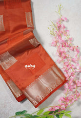 Dual Shade Rust Orange - Raaga Premium Semi tussar Zari Border with Square Box Buttas - Perfect for small functions | Temple visit