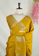 Muted Turmeric Yellow - Vadhanam - 120 Count Linen Tussar Saree with Jimiki Buttas and Rich Pallu - Perfect for Diwali Festive