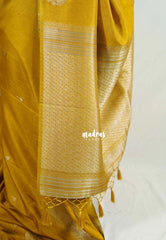 Muted Turmeric Yellow - Vadhanam - 120 Count Linen Tussar Saree with Jimiki Buttas and Rich Pallu - Perfect for Diwali Festive