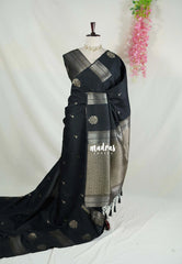 Jet Black - Vadhanam - 120 Count Linen Tussar Saree with Jimiki Buttas and Rich Pallu - Perfect for Diwali Festive