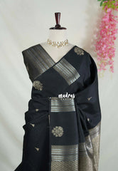Jet Black - Vadhanam - 120 Count Linen Tussar Saree with Jimiki Buttas and Rich Pallu - Perfect for Diwali Festive