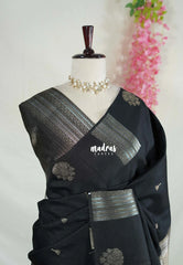 Jet Black - Vadhanam - 120 Count Linen Tussar Saree with Jimiki Buttas and Rich Pallu - Perfect for Diwali Festive